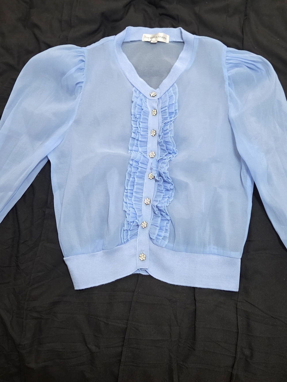 Shop Kultivate Light Blue Organza Combination Ruffle Cardigan Blouse